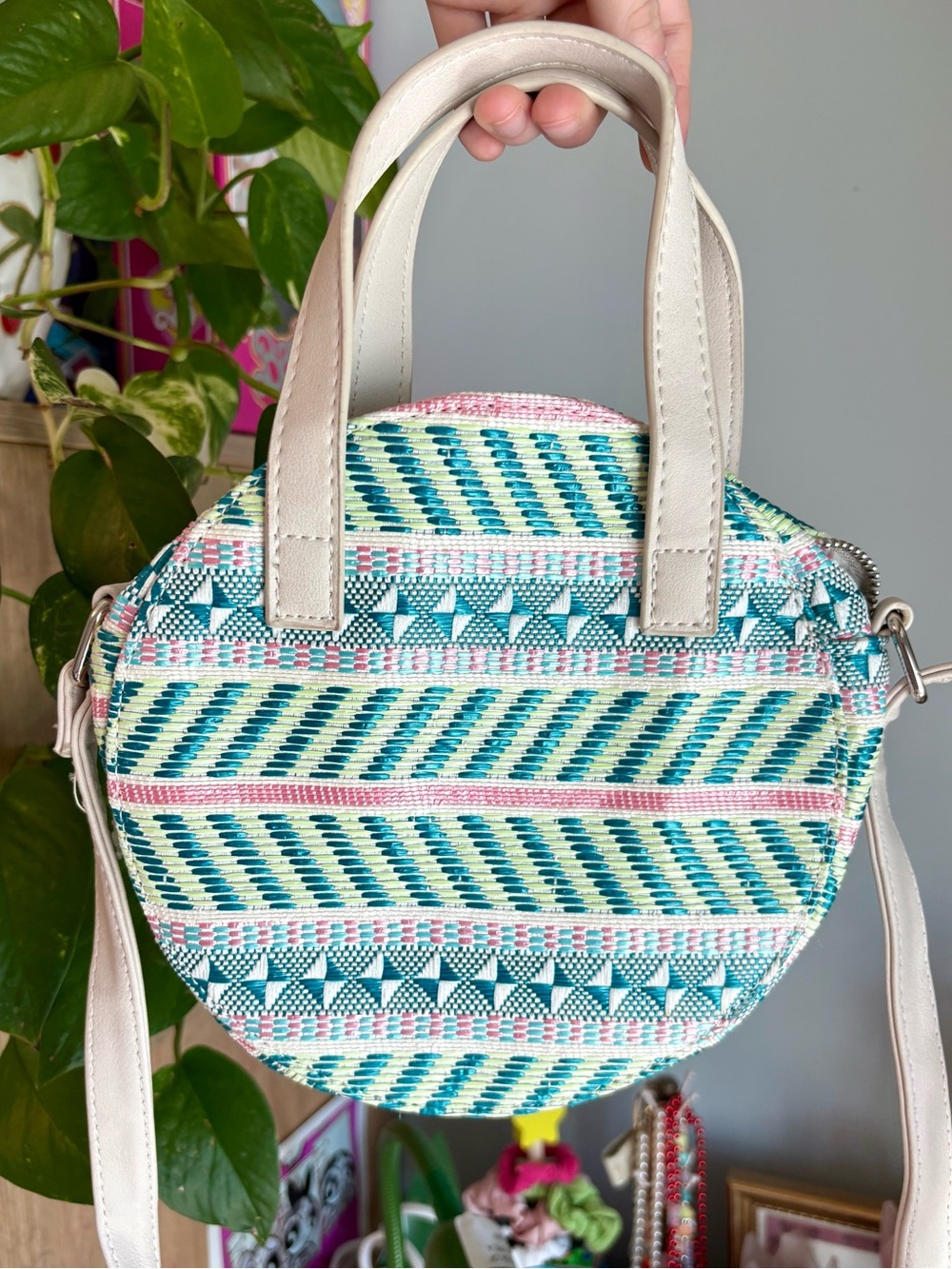 Unique Round Woven Colorful Crossbody Bag in Teal, Cream & Pink - Picture 2 of 10